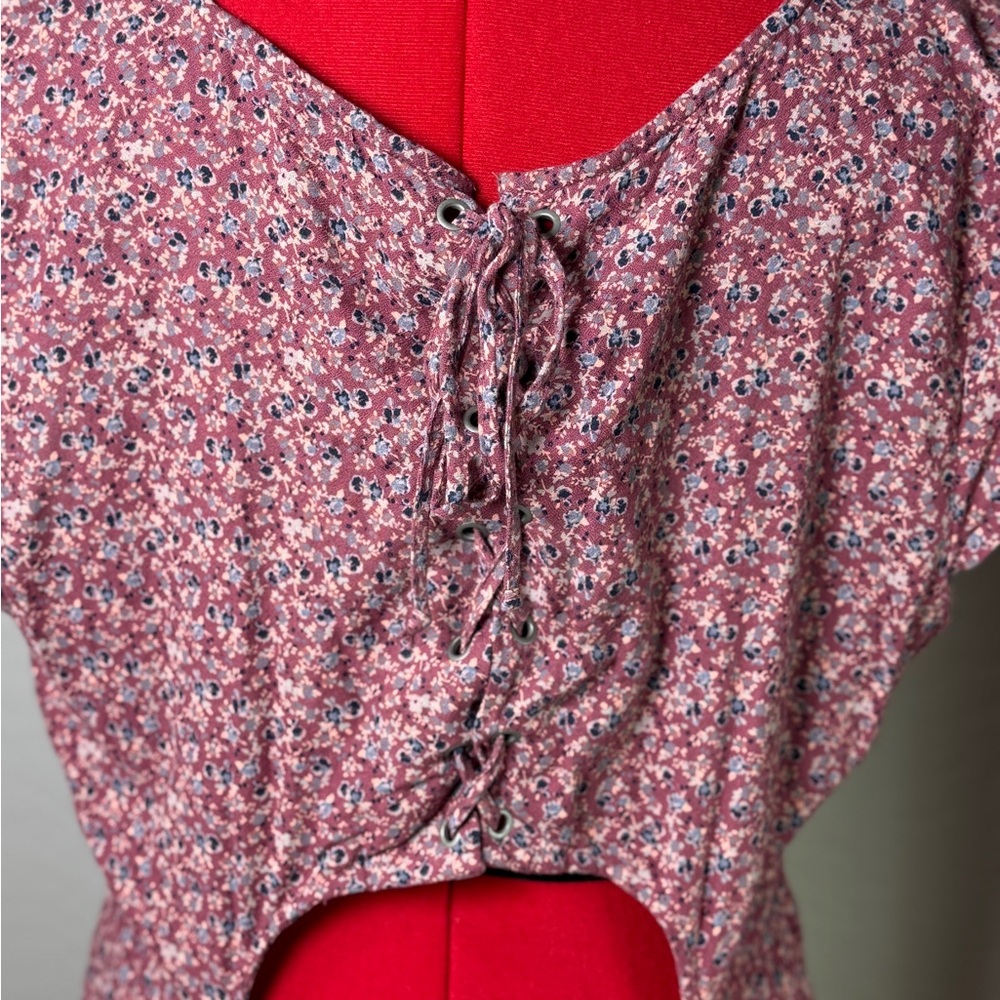 American Eagle Cottagecore Pink Floral Cutout Back Mini Dress Size XL - Picture 5 of 9